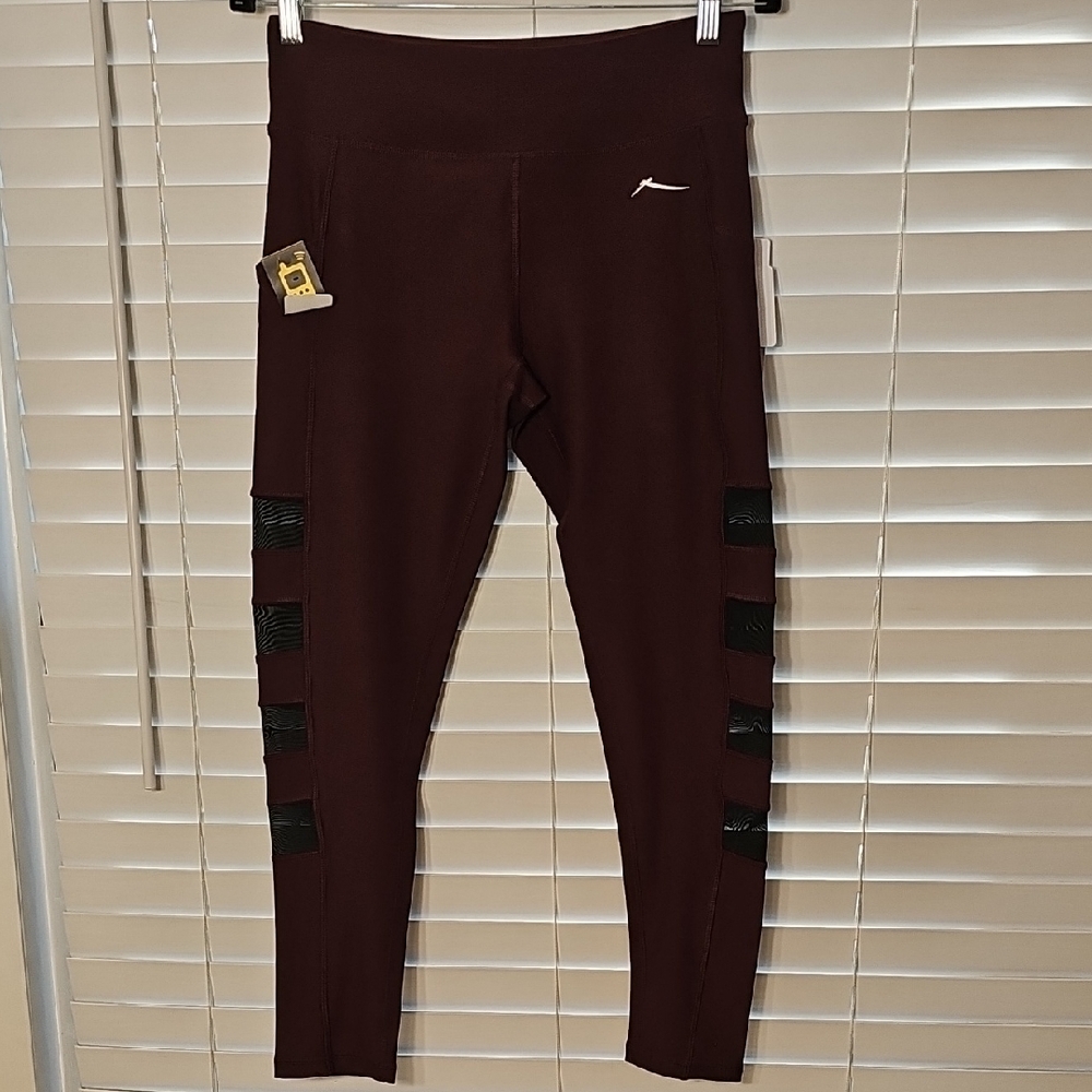 X By Gottex Leggings Maroon With Black Panels Size Large NWT - Picture 2 of 12